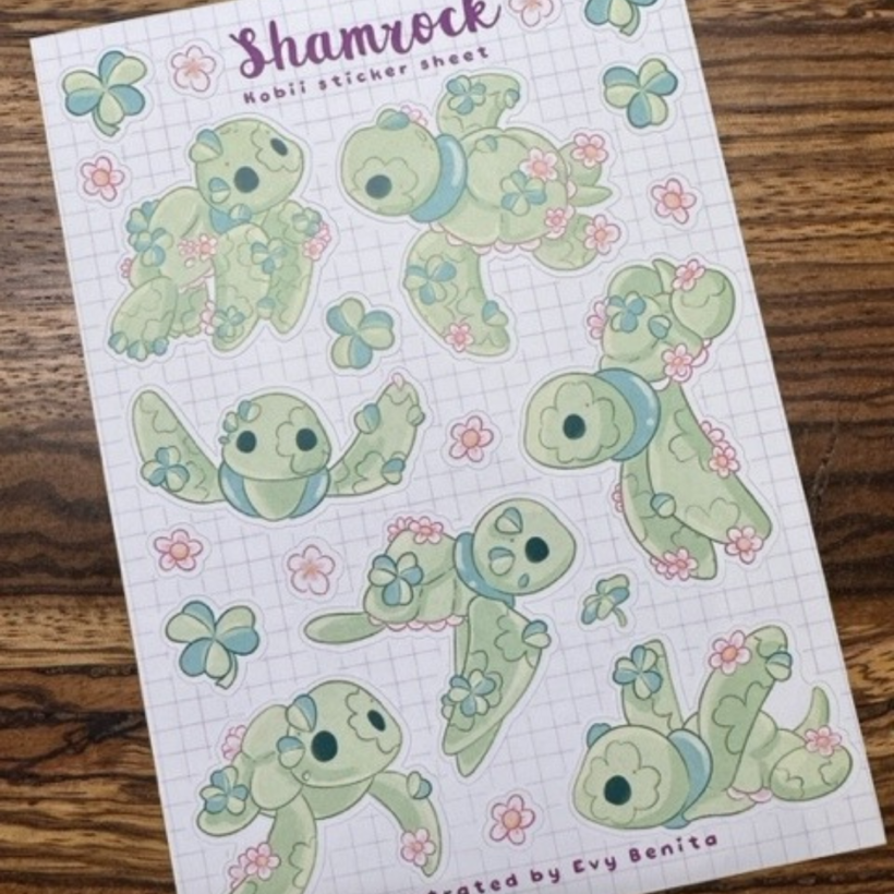 sticker sheet with shamrock themed kobii sea turtle stickers