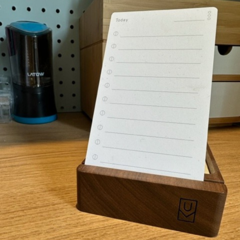 Wooden tray with to do list card in it