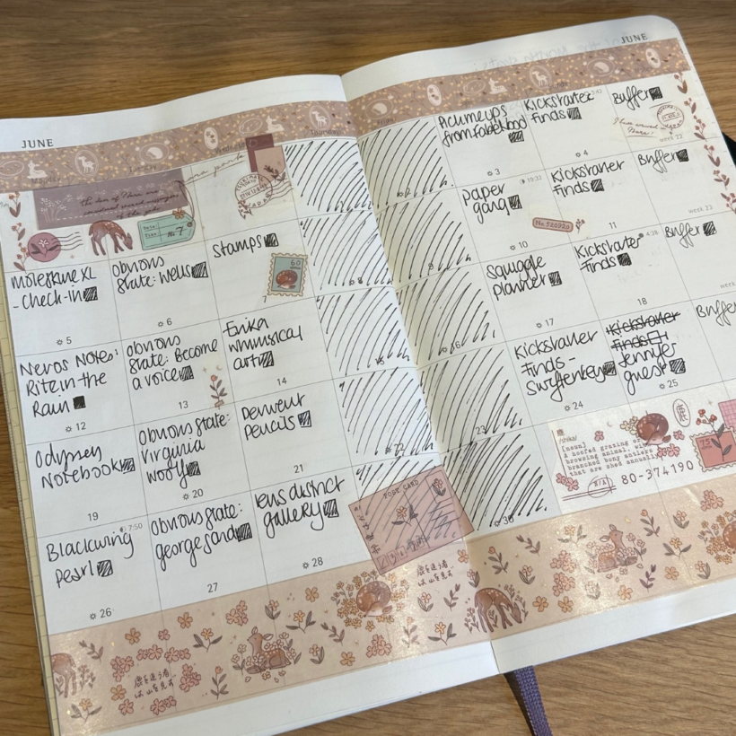 pages of the month of june 2023 in my moleskine planner with washi tape from the nara collection on it.