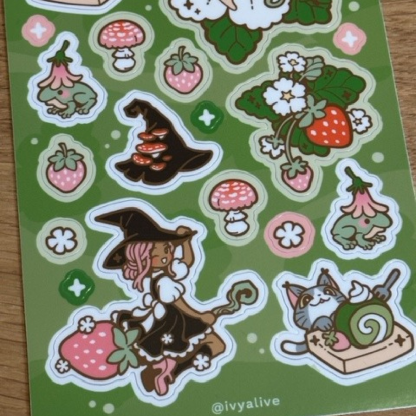 mushberry forest sticker set - cute cottage core stickers including mushrooms, florals, witch on a strawberry broomstick and a cat