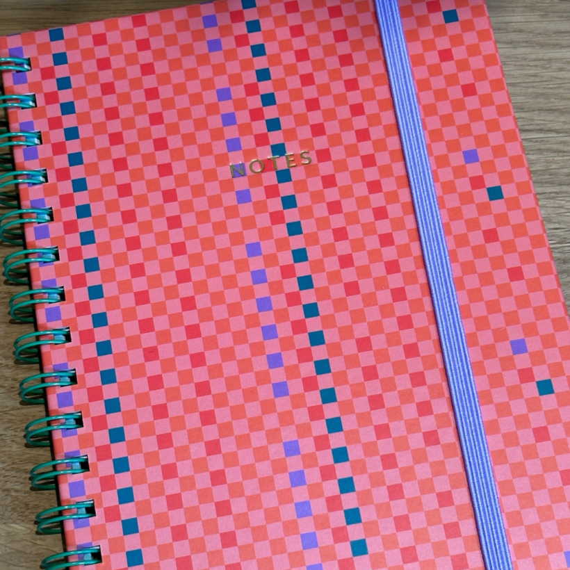 wire bound notebook with red check pattern