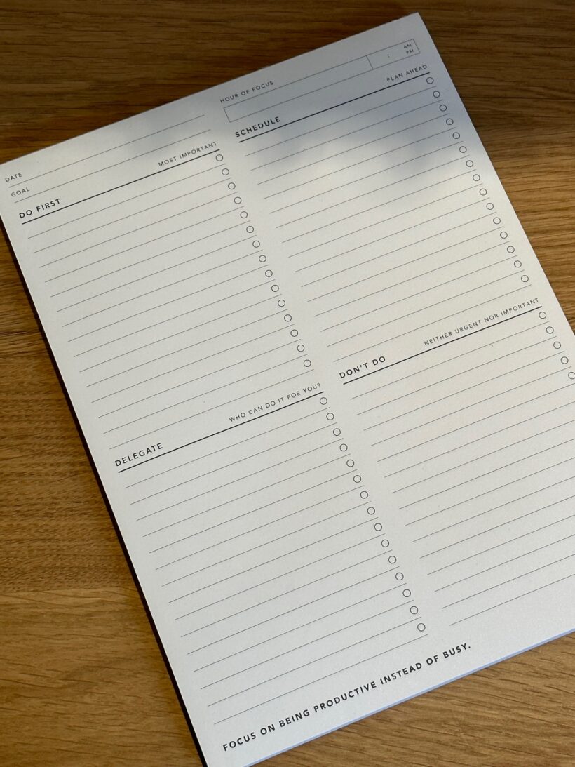 desk pad with the Eisenhower to do list matrix on it.
