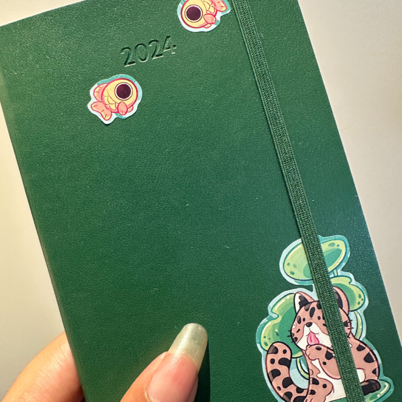 classic moleskine 2024 diary pocket sized in green with three sticker on the front.