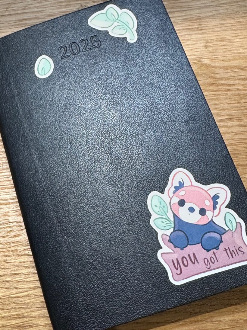 A black moleskine pocket 2025 planner with a textured cover, decorated with stickers. The stickers include a small leafy plant design and a cartoon red panda sitting on a banner that reads "you got this." The planner is resting on a wooden surface.